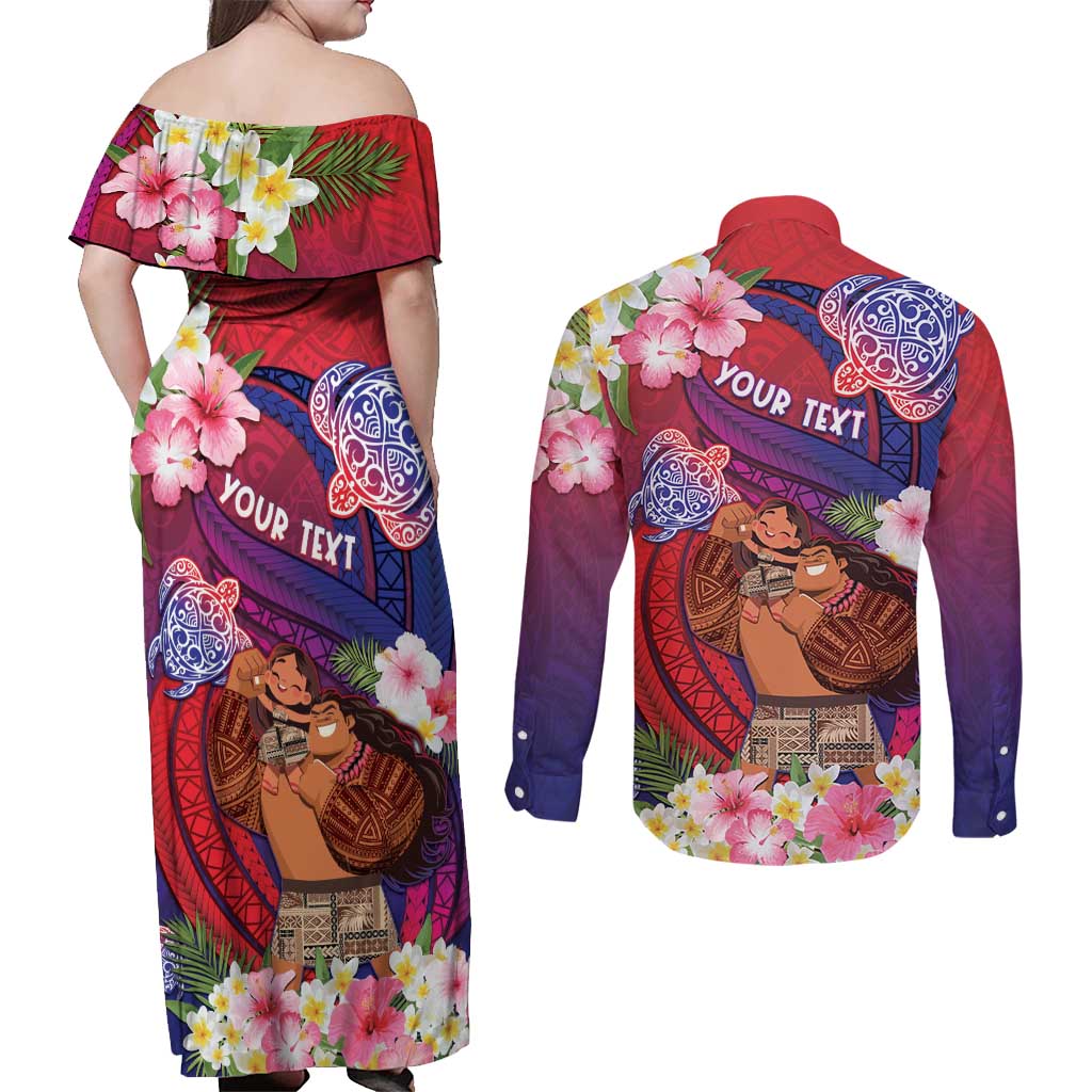 Personalised Samoa Father's Day Couples Matching Off Shoulder Maxi Dress and Long Sleeve Button Shirt Happy Father And Child