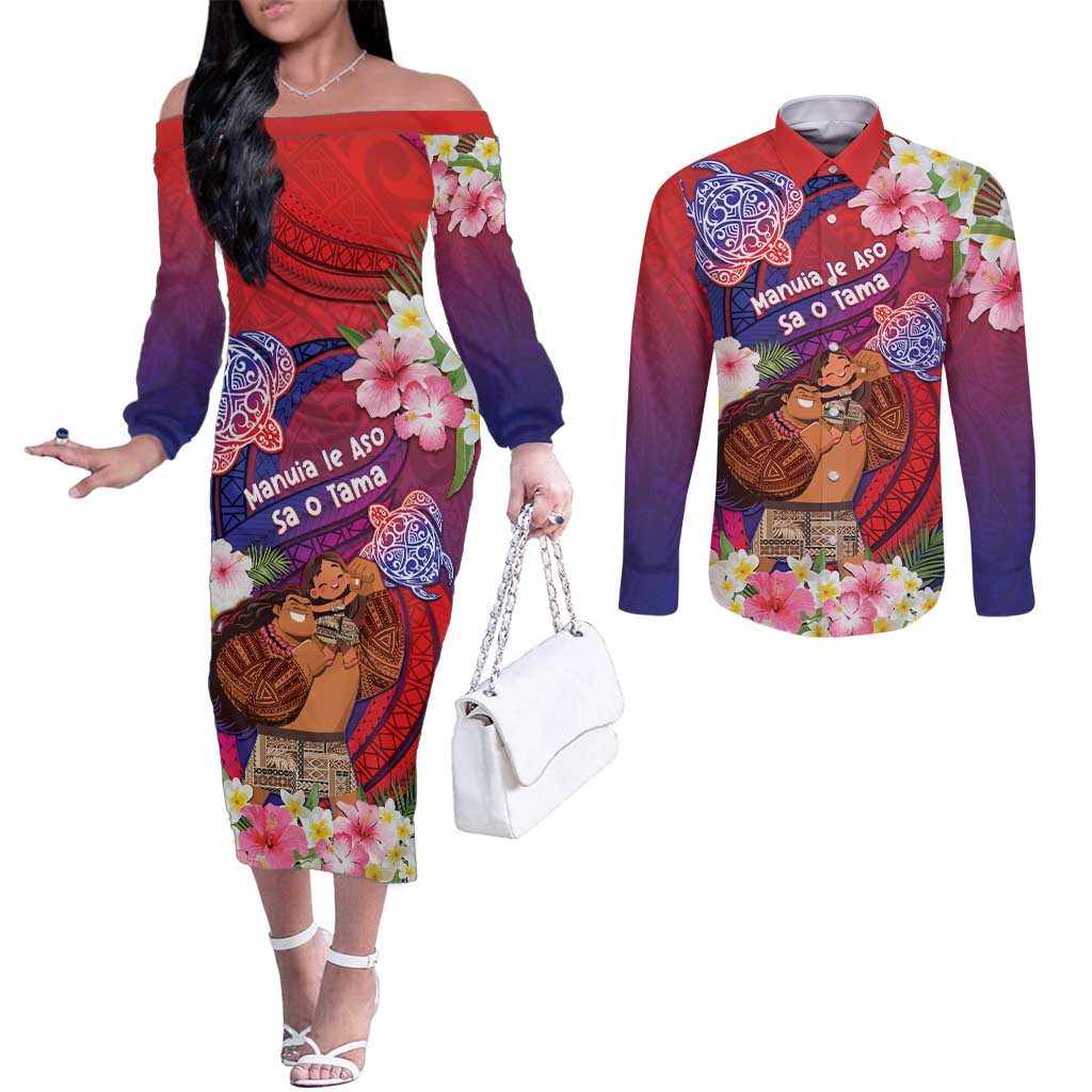 Personalised Samoa Father's Day Couples Matching Off The Shoulder Long Sleeve Dress and Long Sleeve Button Shirt Happy Father And Child