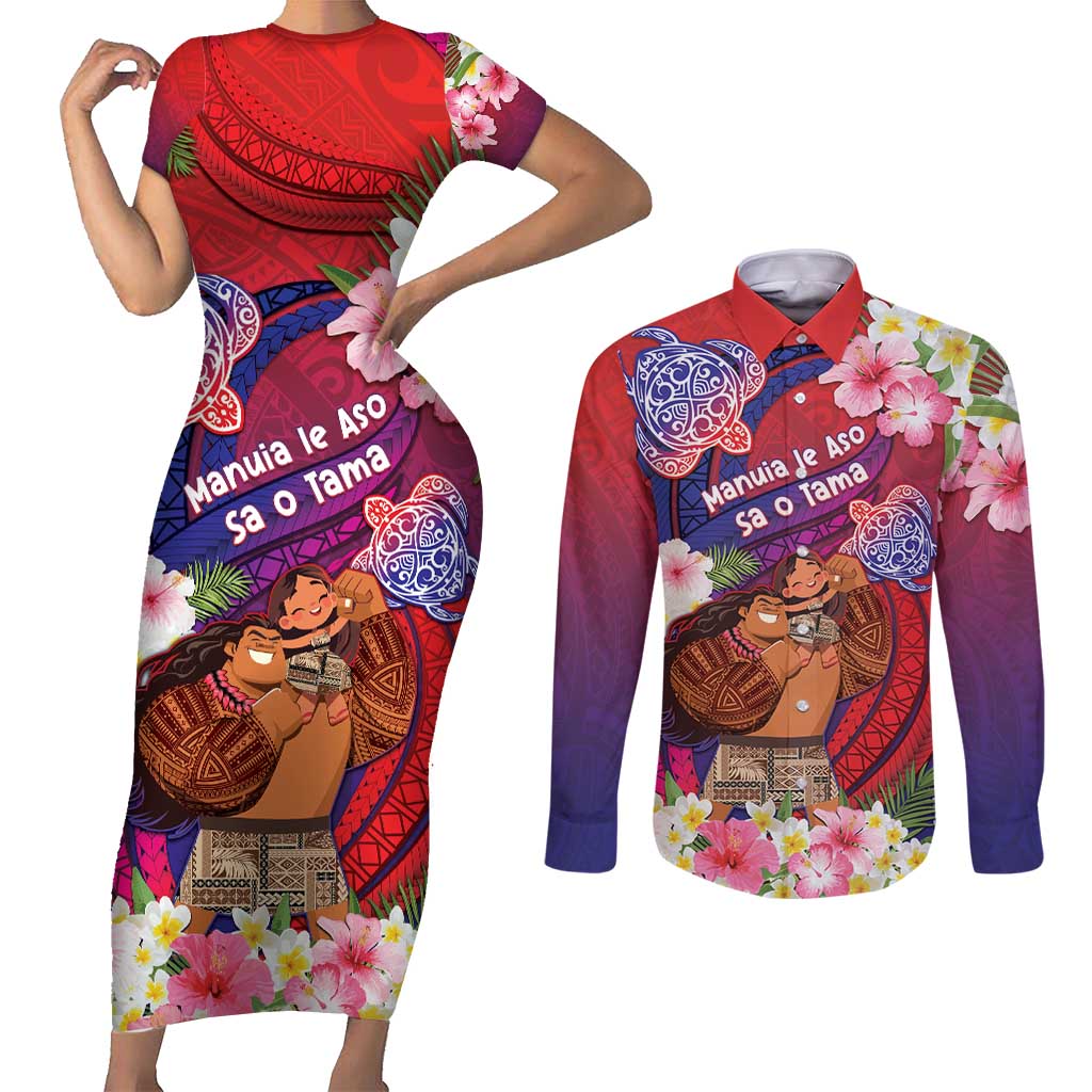 Personalised Samoa Father's Day Couples Matching Short Sleeve Bodycon Dress and Long Sleeve Button Shirt Happy Father And Child