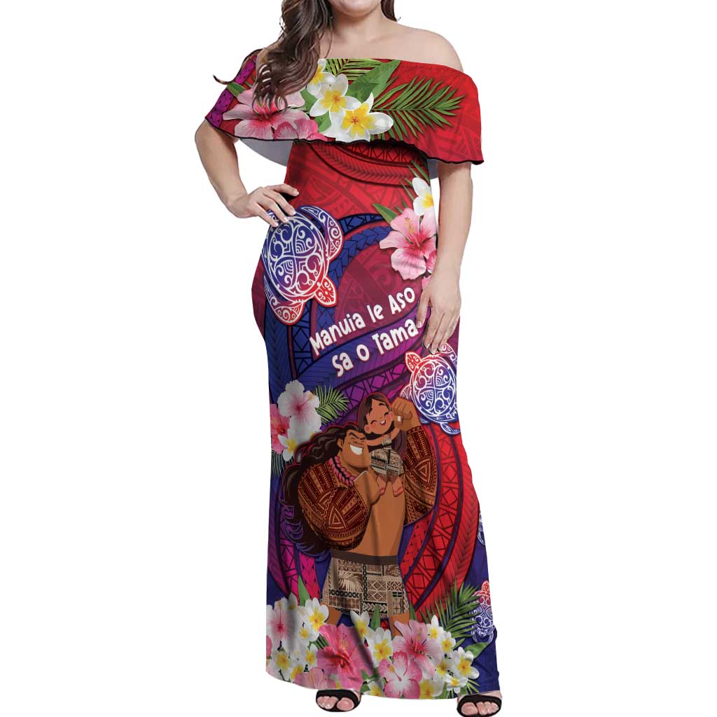 Personalised Samoa Father's Day Off Shoulder Maxi Dress Happy Father And Child