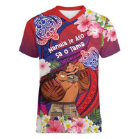 Personalised Samoa Father's Day Women V-Neck T-Shirt Happy Father And Child