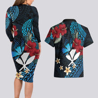 Hawaii Butterfly Couples Matching Long Sleeve Bodycon Dress and Hawaiian Shirt Kanaka Maoli Mix Hibiscus