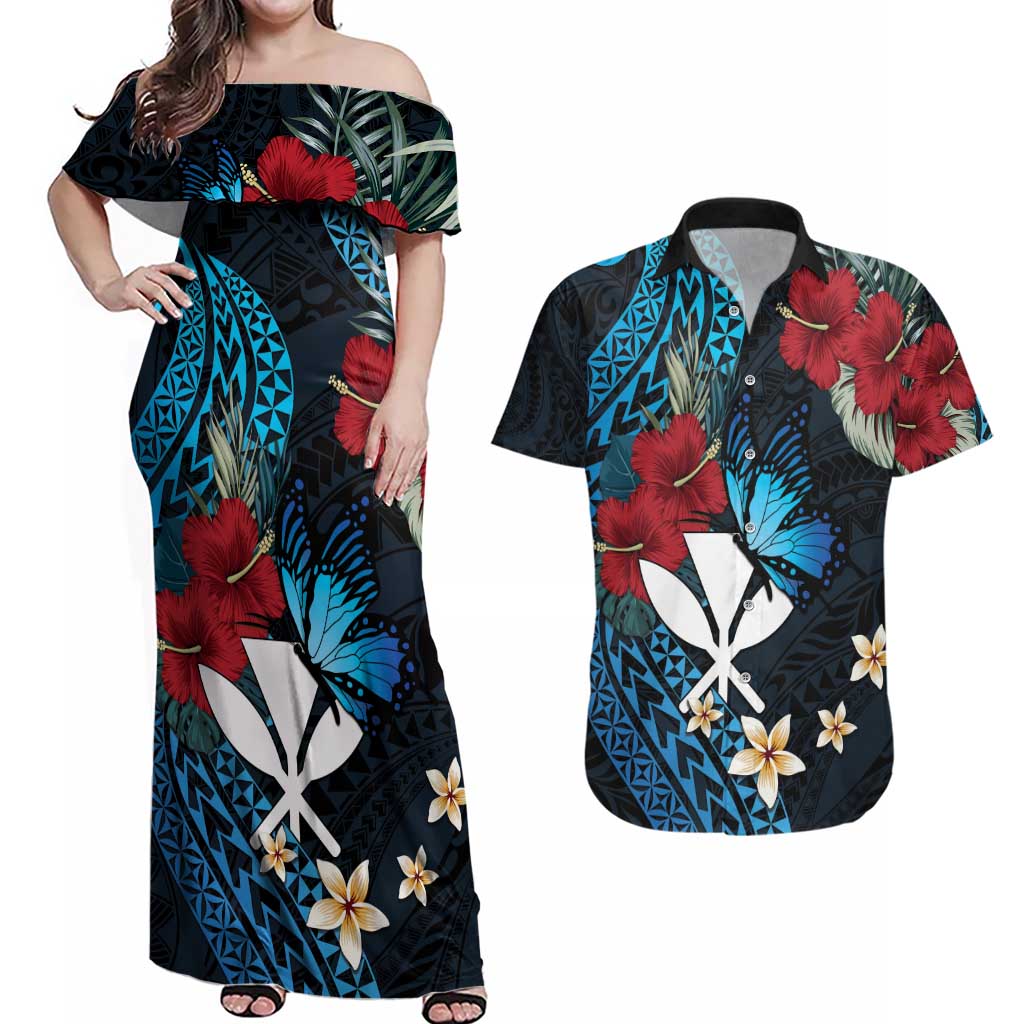 Hawaii Butterfly Couples Matching Off Shoulder Maxi Dress and Hawaiian Shirt Kanaka Maoli Mix Hibiscus