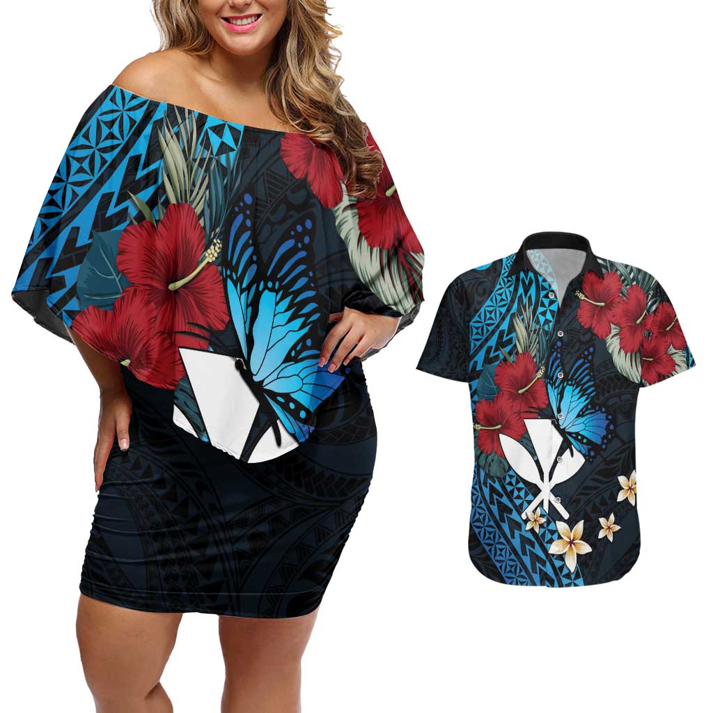 Hawaii Butterfly Couples Matching Off Shoulder Short Dress and Hawaiian Shirt Kanaka Maoli Mix Hibiscus
