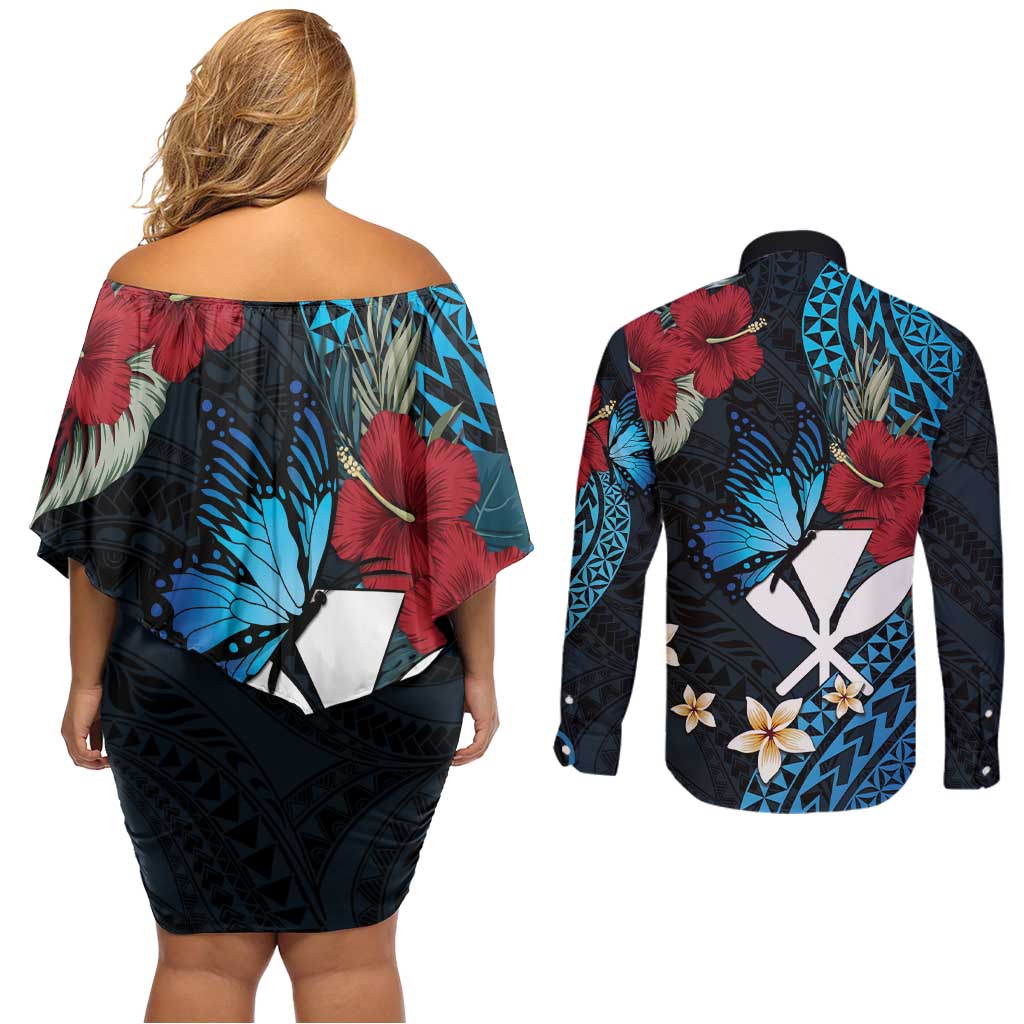 Hawaii Butterfly Couples Matching Off Shoulder Short Dress and Long Sleeve Button Shirt Kanaka Maoli Mix Hibiscus
