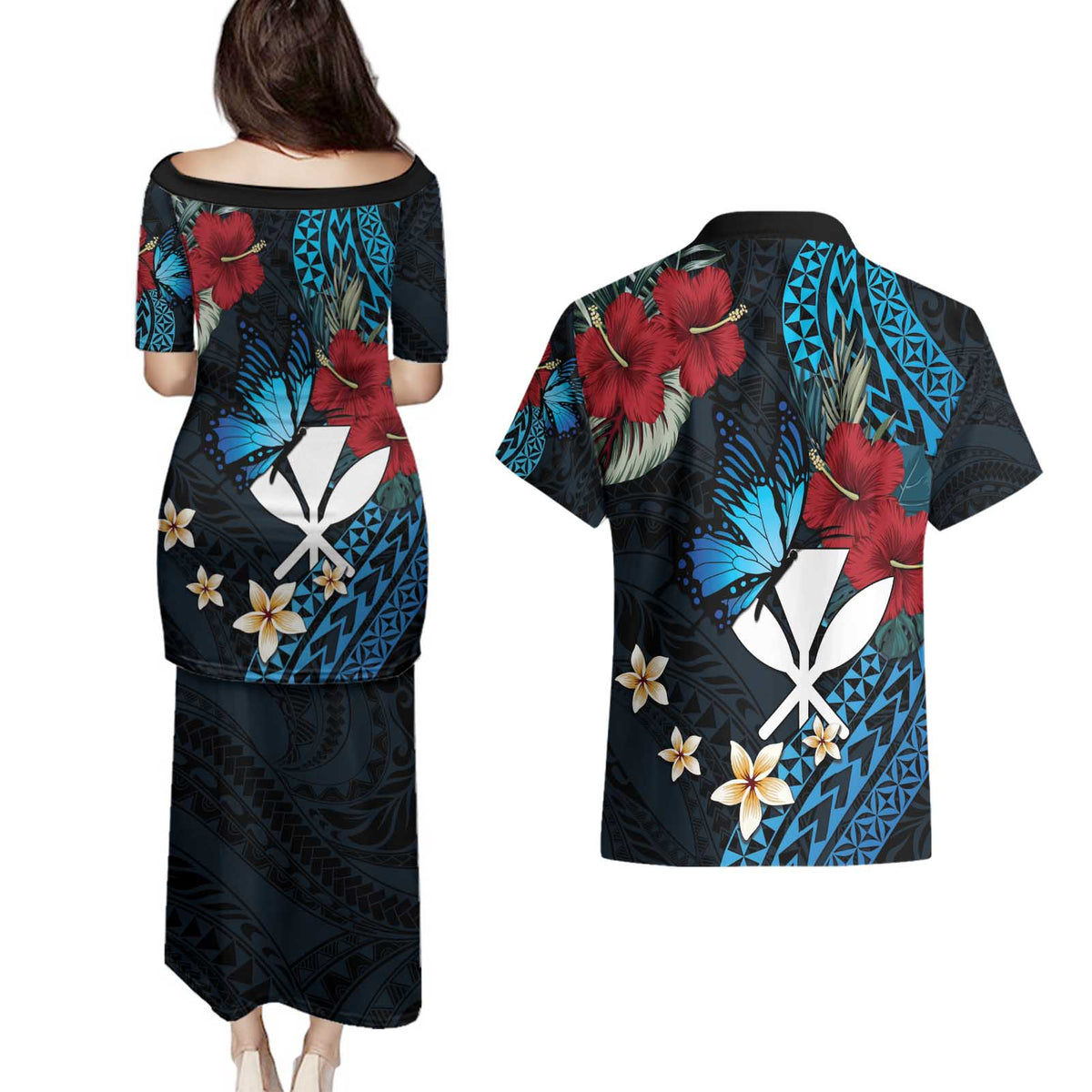 Hawaii Butterfly Couples Matching Puletasi and Hawaiian Shirt Kanaka Maoli Mix Hibiscus DT04 - Polynesian Pride