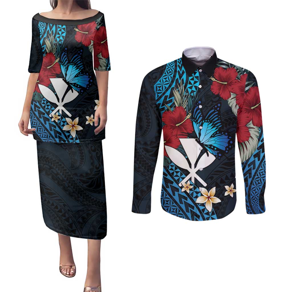 Hawaii Butterfly Couples Matching Puletasi and Long Sleeve Button Shirt Kanaka Maoli Mix Hibiscus DT04 Black - Polynesian Pride