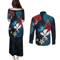 Hawaii Butterfly Couples Matching Puletasi and Long Sleeve Button Shirt Kanaka Maoli Mix Hibiscus DT04 - Polynesian Pride