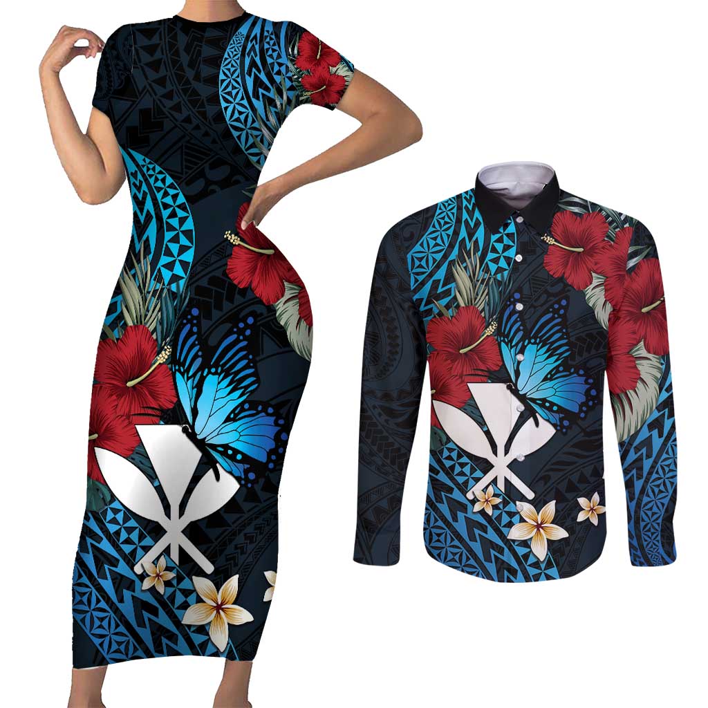 Hawaii Butterfly Couples Matching Short Sleeve Bodycon Dress and Long Sleeve Button Shirt Kanaka Maoli Mix Hibiscus