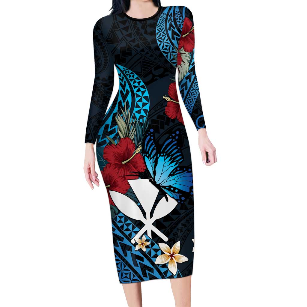 Hawaii Butterfly Family Matching Long Sleeve Bodycon Dress and Hawaiian Shirt Kanaka Maoli Mix Hibiscus