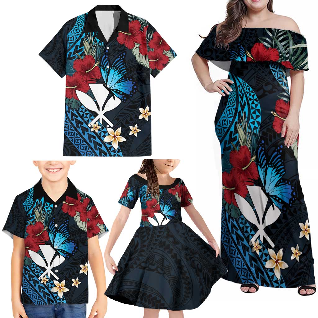 Hawaii Butterfly Family Matching Off Shoulder Maxi Dress and Hawaiian Shirt Kanaka Maoli Mix Hibiscus