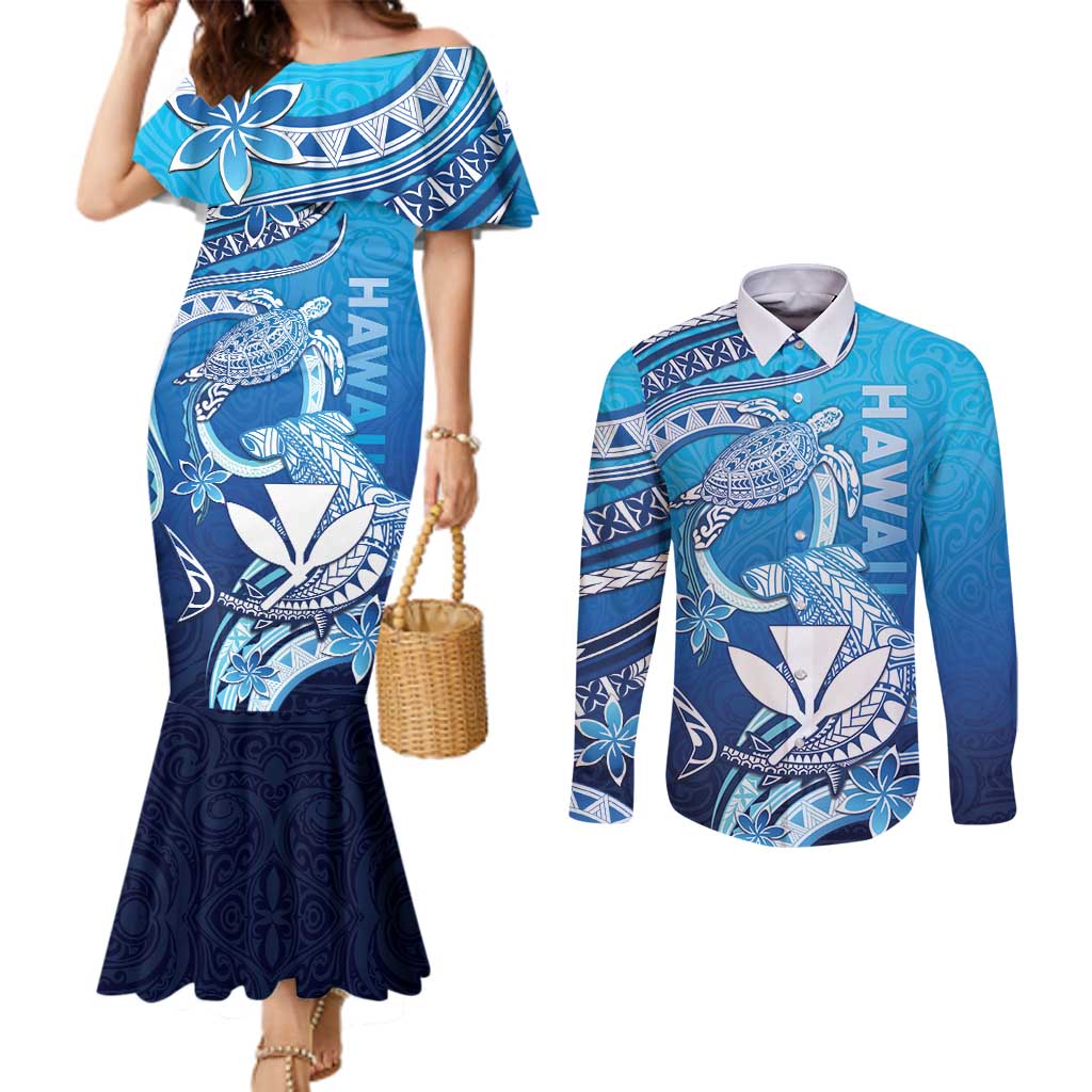 Hawaii Couples Matching Mermaid Dress and Long Sleeve Button Shirt Turtle With Hammerhead Shark Oceanic