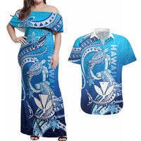 Hawaii Couples Matching Off Shoulder Maxi Dress and Hawaiian Shirt Turtle With Hammerhead Shark Oceanic