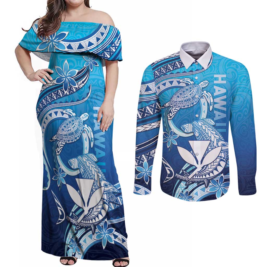 Hawaii Couples Matching Off Shoulder Maxi Dress and Long Sleeve Button Shirt Turtle With Hammerhead Shark Oceanic