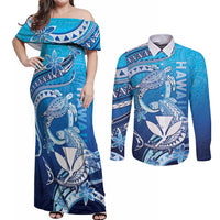 Hawaii Couples Matching Off Shoulder Maxi Dress and Long Sleeve Button Shirt Turtle With Hammerhead Shark Oceanic