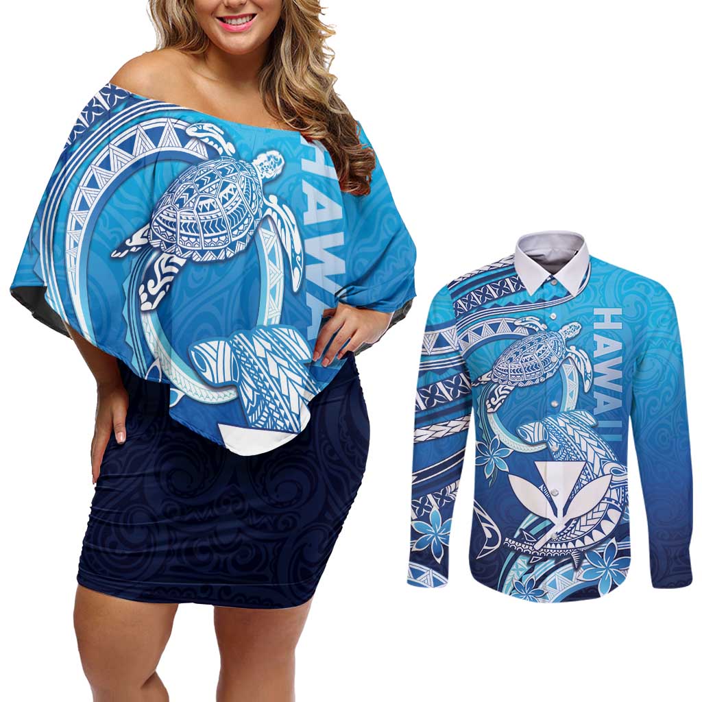 Hawaii Couples Matching Off Shoulder Short Dress and Long Sleeve Button Shirt Turtle With Hammerhead Shark Oceanic