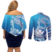 Hawaii Couples Matching Off Shoulder Short Dress and Long Sleeve Button Shirt Turtle With Hammerhead Shark Oceanic