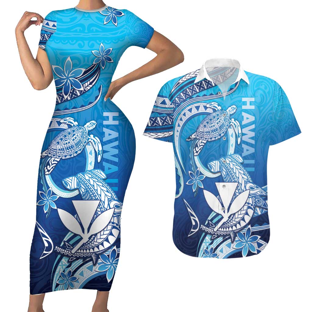 Hawaii Couples Matching Short Sleeve Bodycon Dress and Hawaiian Shirt Turtle With Hammerhead Shark Oceanic