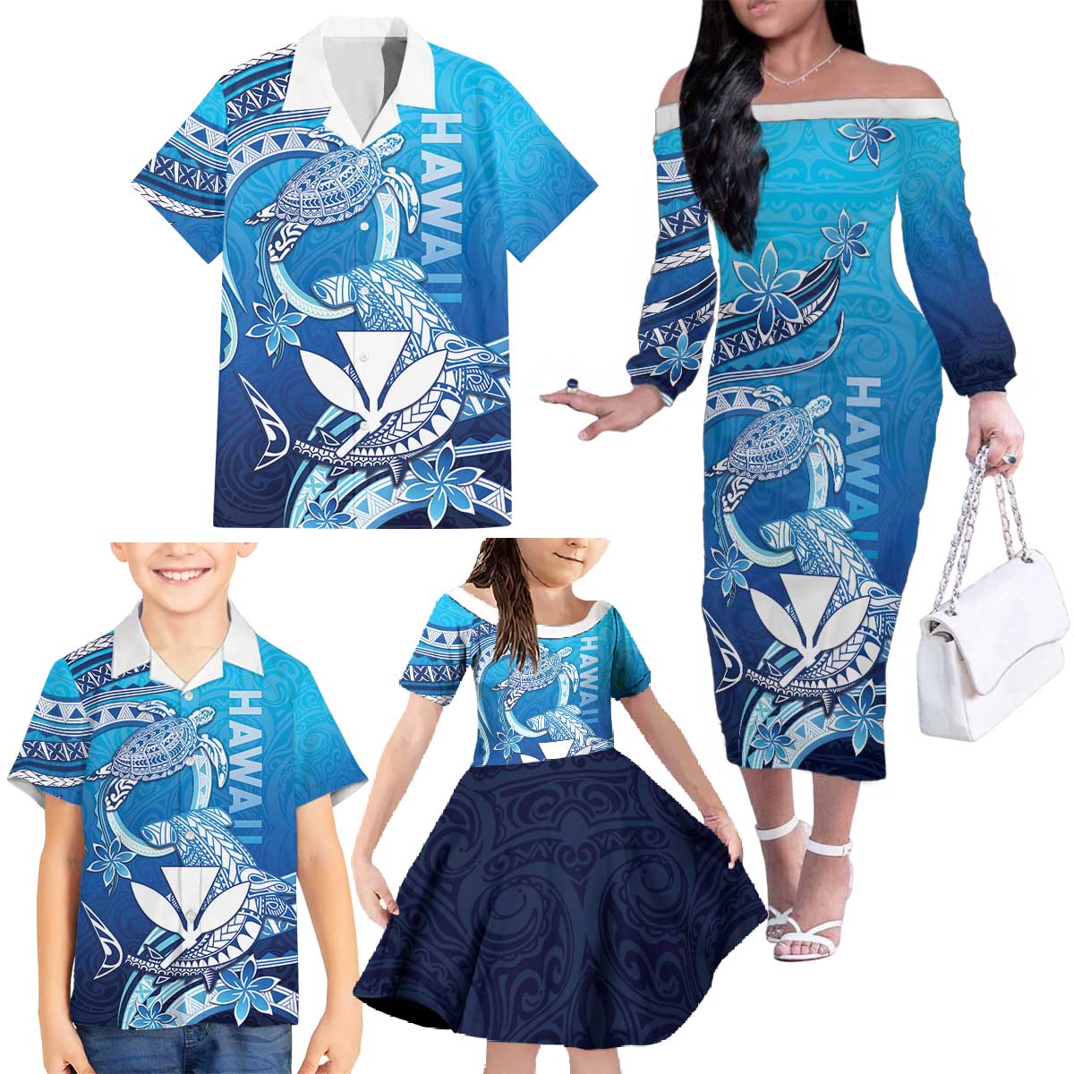 Hawaii Family Matching Off The Shoulder Long Sleeve Dress and Hawaiian Shirt Turtle With Hammerhead Shark Oceanic