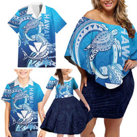 Hawaii Family Matching Off Shoulder Short Dress and Hawaiian Shirt Turtle With Hammerhead Shark Oceanic