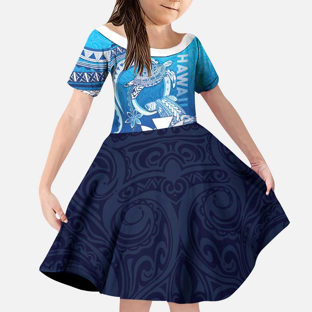 Hawaii Family Matching Puletasi and Hawaiian Shirt Turtle With Hammerhead Shark Oceanic DT04 Daughter's Dress Blue - Polynesian Pride