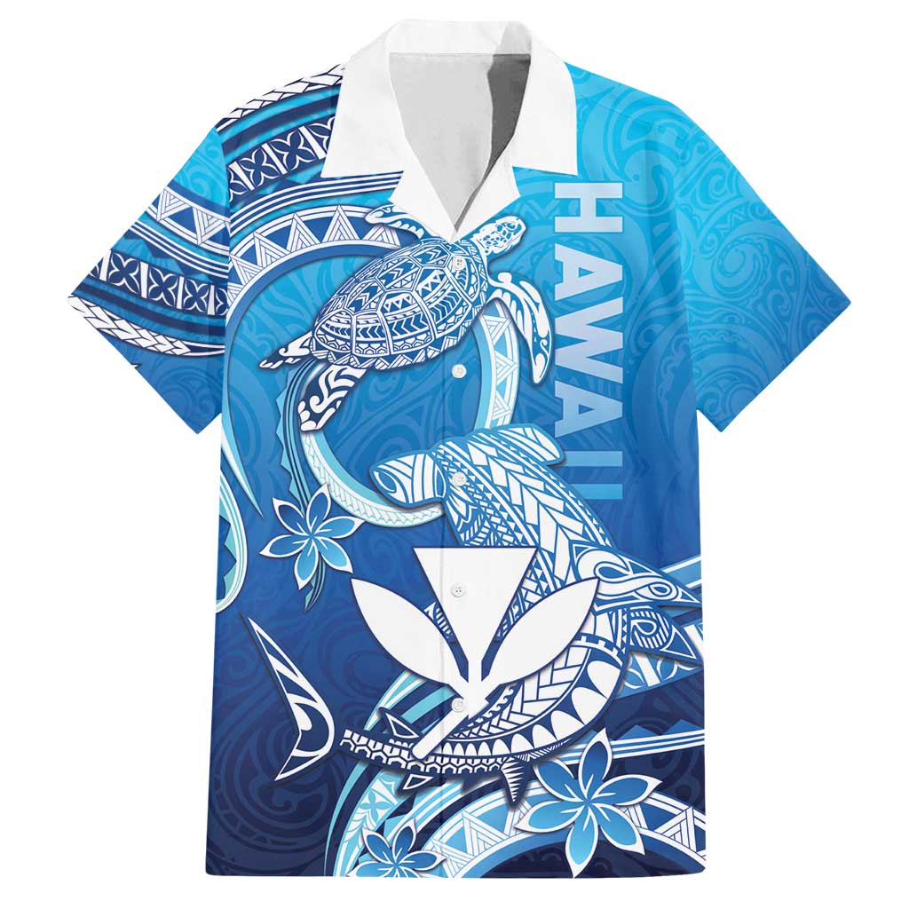 Hawaii Family Matching Puletasi and Hawaiian Shirt Turtle With Hammerhead Shark Oceanic DT04 Dad's Shirt - Short Sleeve Blue - Polynesian Pride