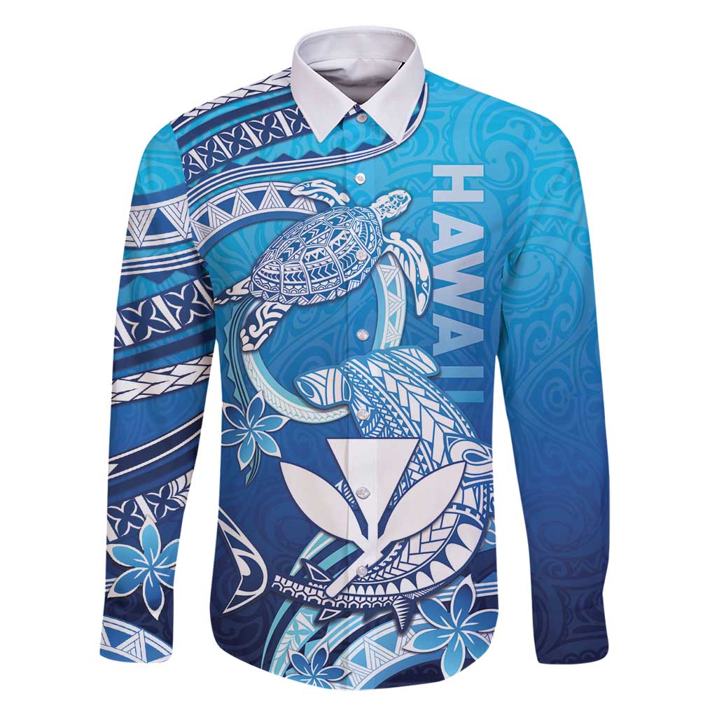 Hawaii Family Matching Puletasi and Hawaiian Shirt Turtle With Hammerhead Shark Oceanic DT04 Dad's Shirt - Long Sleeve Blue - Polynesian Pride