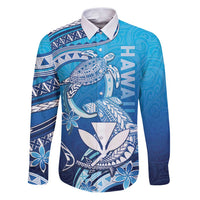 Hawaii Family Matching Puletasi and Hawaiian Shirt Turtle With Hammerhead Shark Oceanic DT04 Dad's Shirt - Long Sleeve Blue - Polynesian Pride