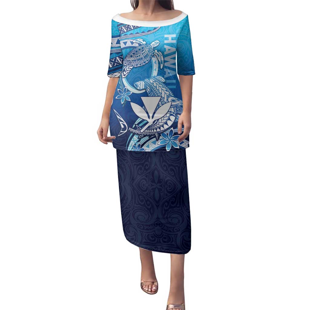 Hawaii Family Matching Puletasi and Hawaiian Shirt Turtle With Hammerhead Shark Oceanic DT04 Mom's Dress Blue - Polynesian Pride
