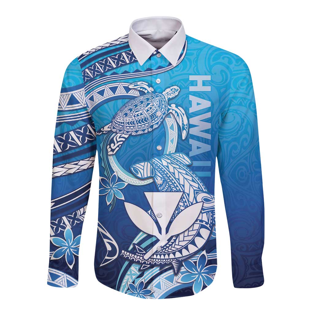 Hawaii Long Sleeve Button Shirt Turtle With Hammerhead Shark Oceanic DT04 Unisex Blue - Polynesian Pride