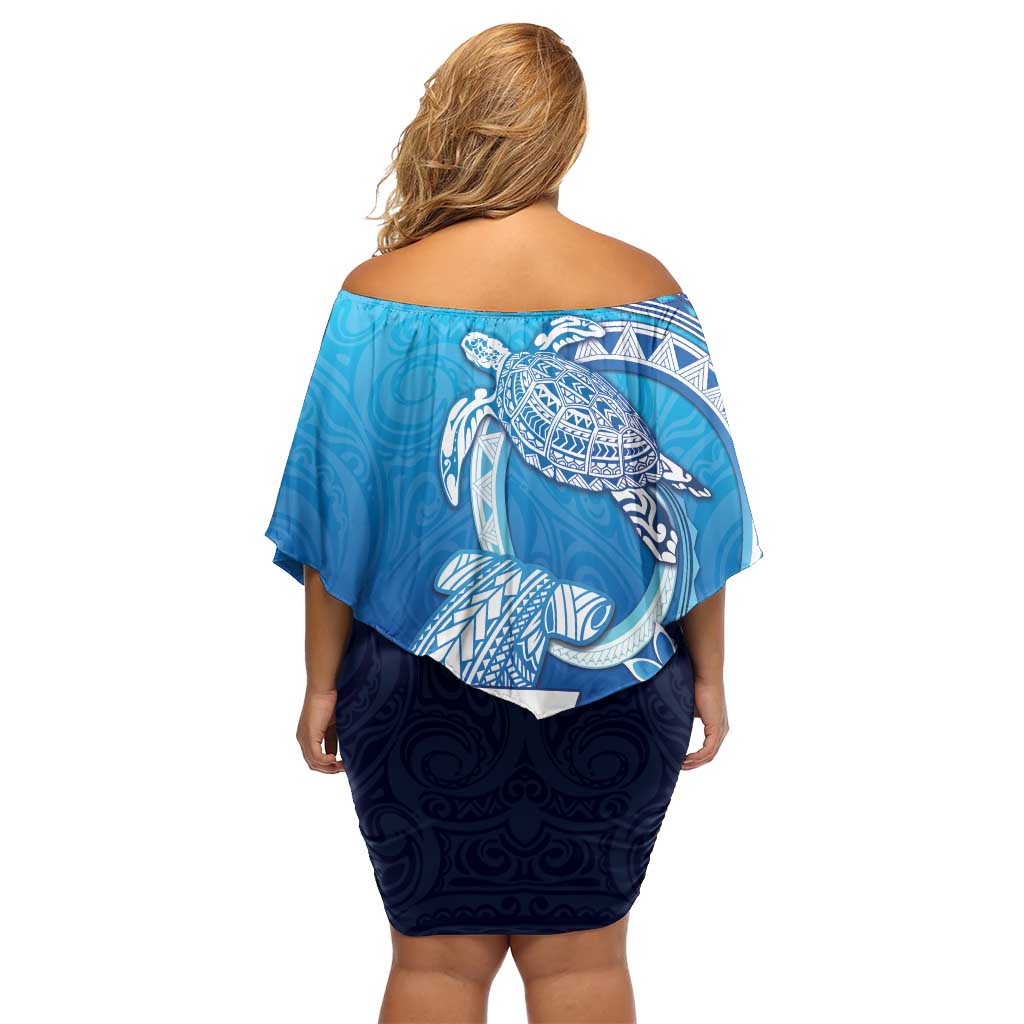 Hawaii Off Shoulder Short Dress Turtle With Hammerhead Shark Oceanic