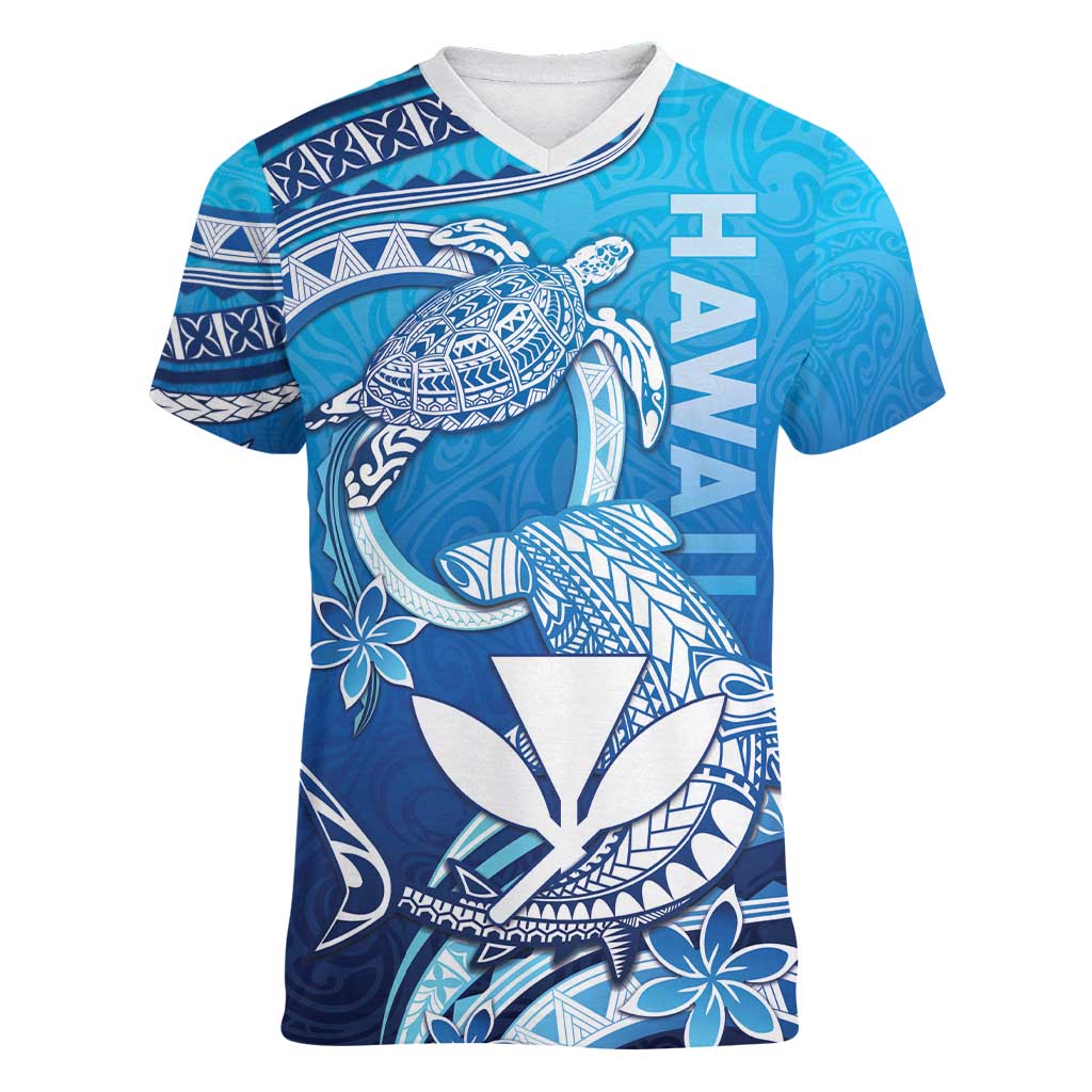 Hawaii Women V-Neck T-Shirt Turtle With Hammerhead Shark Oceanic DT04 Female Blue - Polynesian Pride