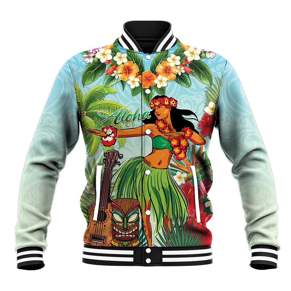Hawaii Lei Day Baseball Jacket Hula Girl With Tropical Forest DT04 Unisex Blue - Polynesian Pride