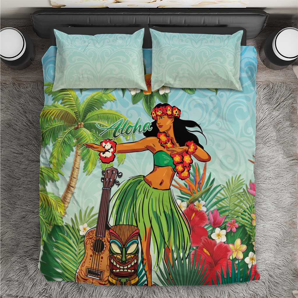 Hawaii Lei Day Bedding Set Hula Girl With Tropical Forest