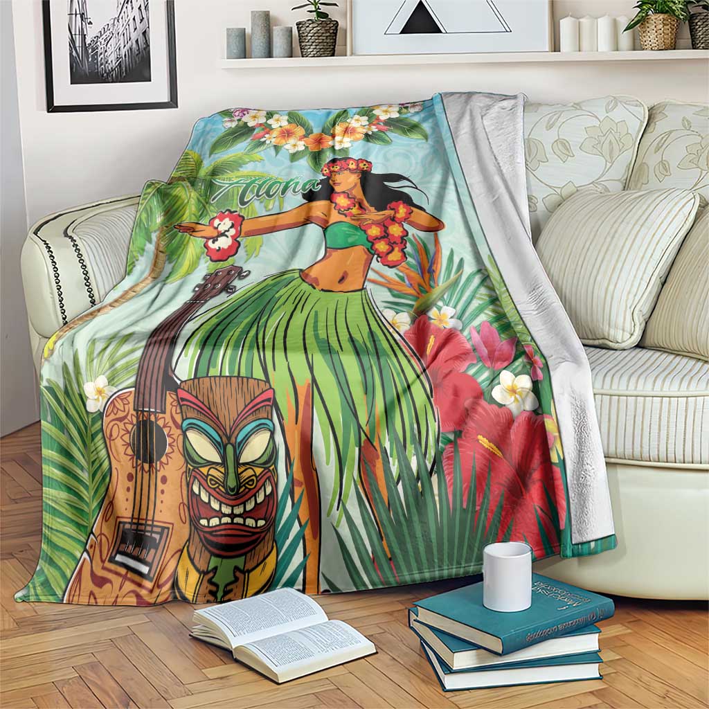 Hawaii Lei Day Blanket Hula Girl With Tropical Forest DT04 Blue - Polynesian Pride