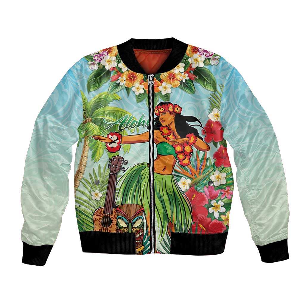 Hawaii Lei Day Bomber Jacket Hula Girl With Tropical Forest