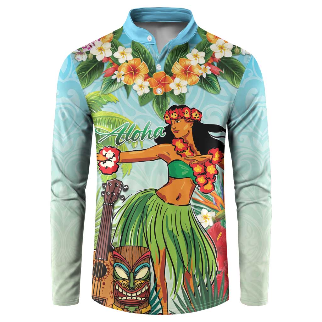 Hawaii Lei Day Button Sweatshirt Hula Girl With Tropical Forest DT04 Blue - Polynesian Pride