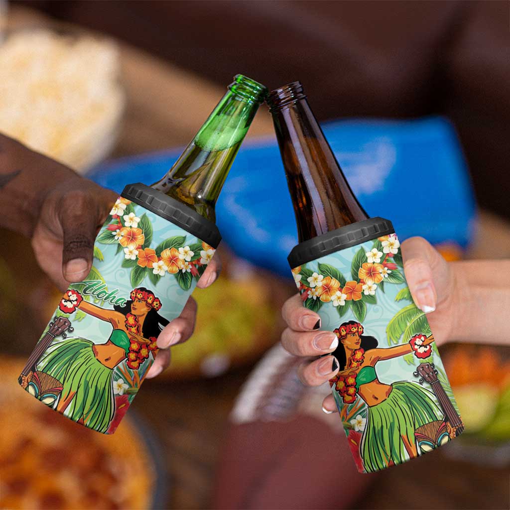 Hawaii Lei Day 4 in 1 Can Cooler Tumbler Hula Girl With Tropical Forest