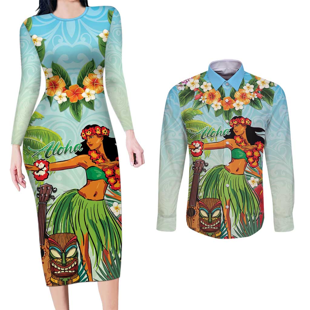 Hawaii Lei Day Couples Matching Long Sleeve Bodycon Dress and Long Sleeve Button Shirt Hula Girl With Tropical Forest DT04 Blue - Polynesian Pride