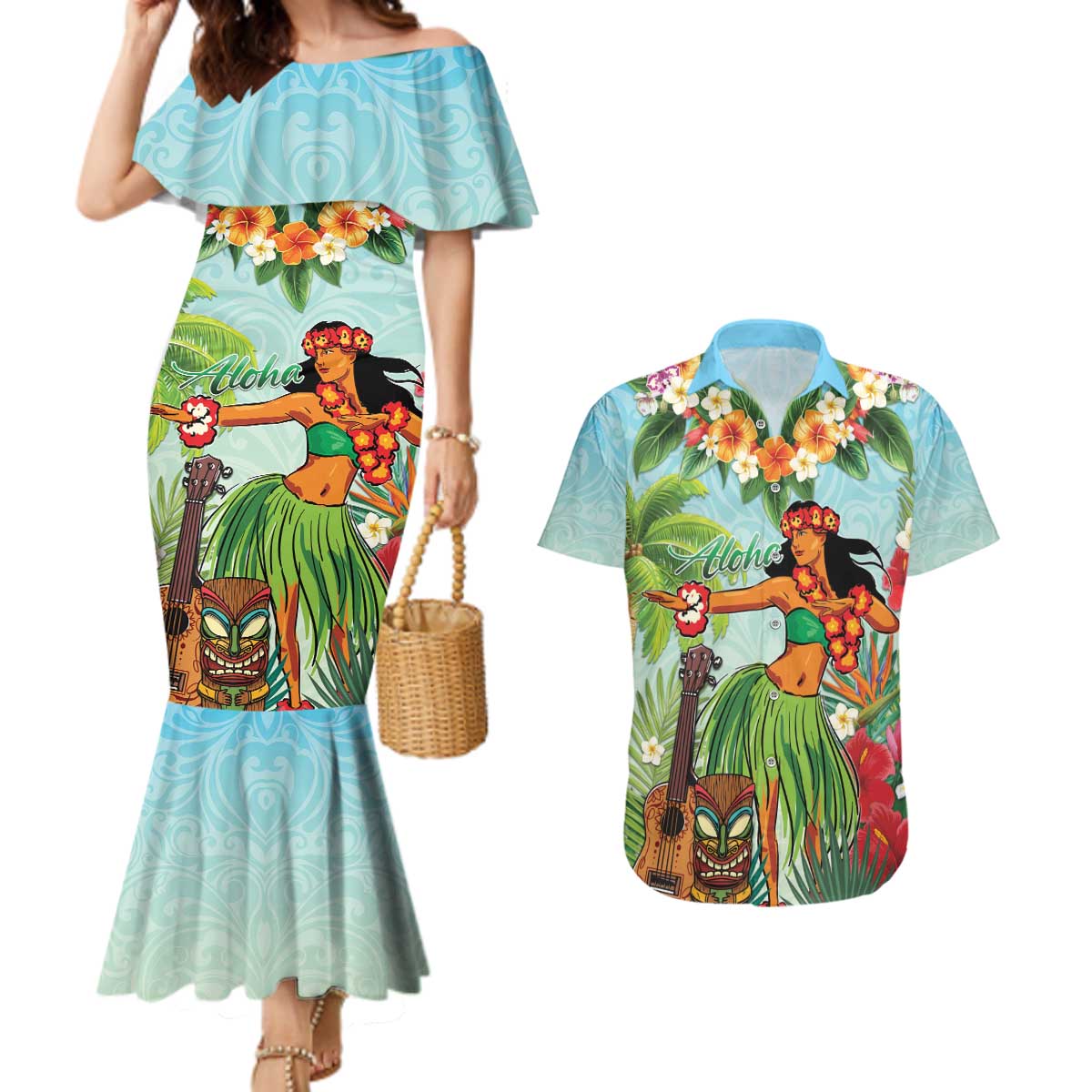 Hawaii Lei Day Couples Matching Mermaid Dress and Hawaiian Shirt Hula Girl With Tropical Forest