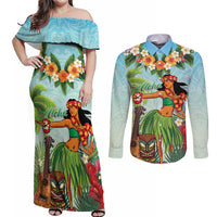 Hawaii Lei Day Couples Matching Off Shoulder Maxi Dress and Long Sleeve Button Shirt Hula Girl With Tropical Forest DT04 Blue - Polynesian Pride