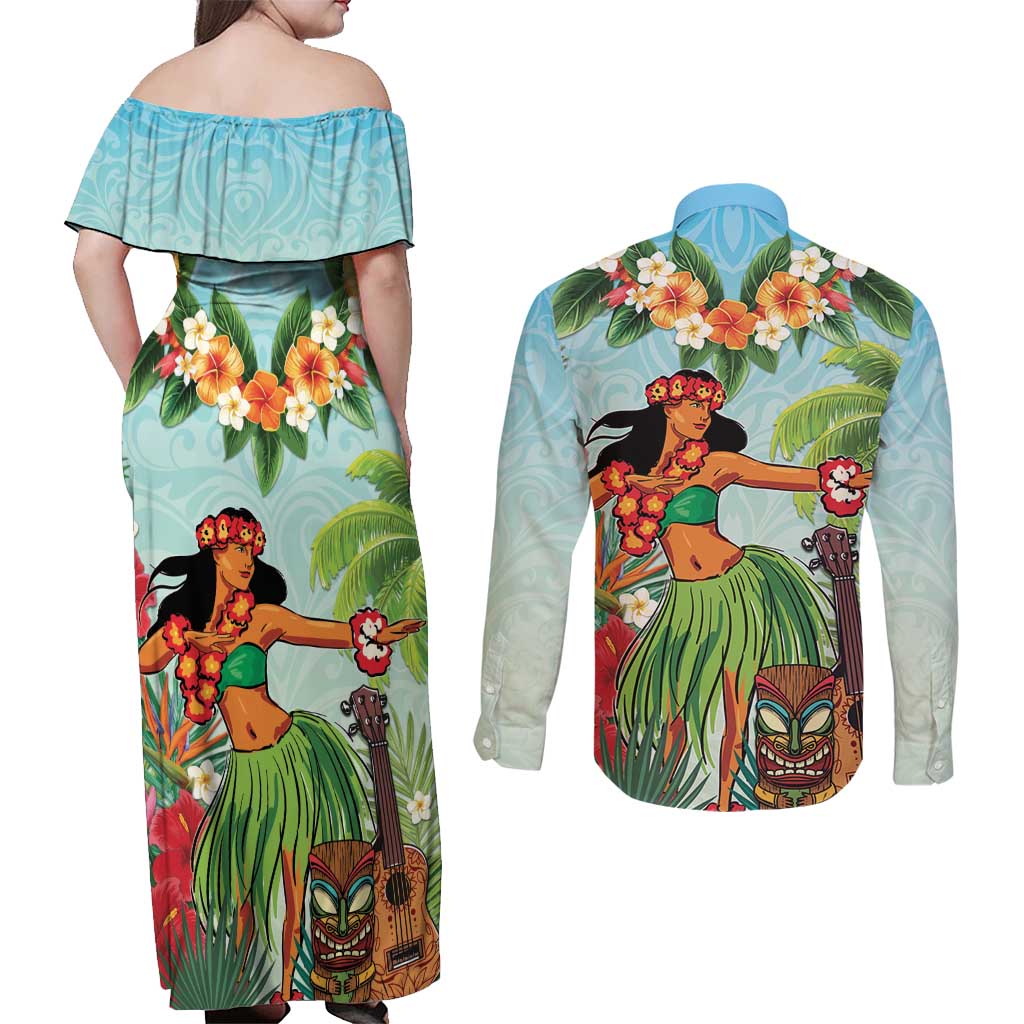 Hawaii Lei Day Couples Matching Off Shoulder Maxi Dress and Long Sleeve Button Shirt Hula Girl With Tropical Forest DT04 - Polynesian Pride