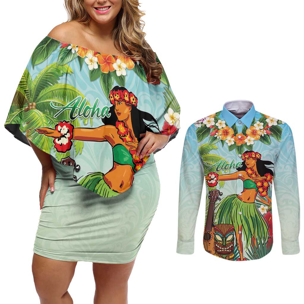 Hawaii Lei Day Couples Matching Off Shoulder Short Dress and Long Sleeve Button Shirt Hula Girl With Tropical Forest DT04 Blue - Polynesian Pride