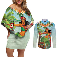 Hawaii Lei Day Couples Matching Off Shoulder Short Dress and Long Sleeve Button Shirt Hula Girl With Tropical Forest DT04 Blue - Polynesian Pride