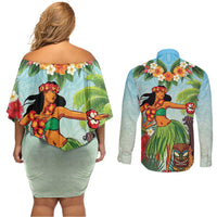 Hawaii Lei Day Couples Matching Off Shoulder Short Dress and Long Sleeve Button Shirt Hula Girl With Tropical Forest DT04 - Polynesian Pride