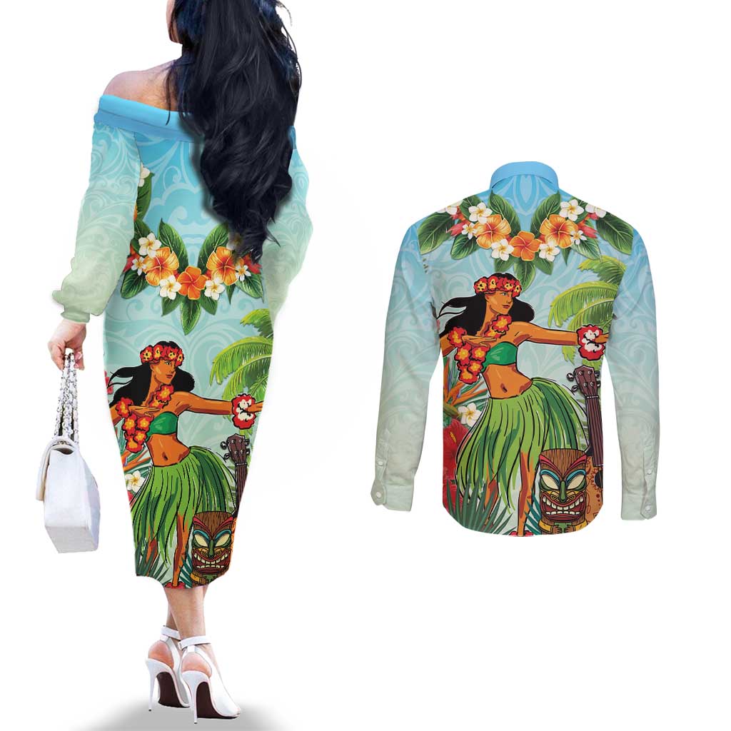 Hawaii Lei Day Couples Matching Off The Shoulder Long Sleeve Dress and Long Sleeve Button Shirt Hula Girl With Tropical Forest DT04 - Polynesian Pride