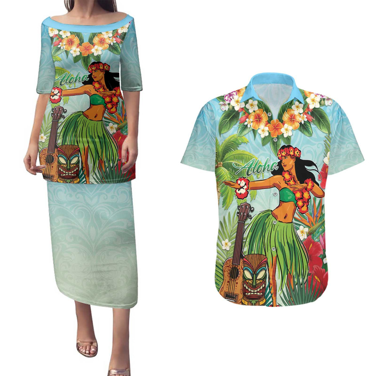 Hawaii Lei Day Couples Matching Puletasi and Hawaiian Shirt Hula Girl With Tropical Forest DT04 Blue - Polynesian Pride