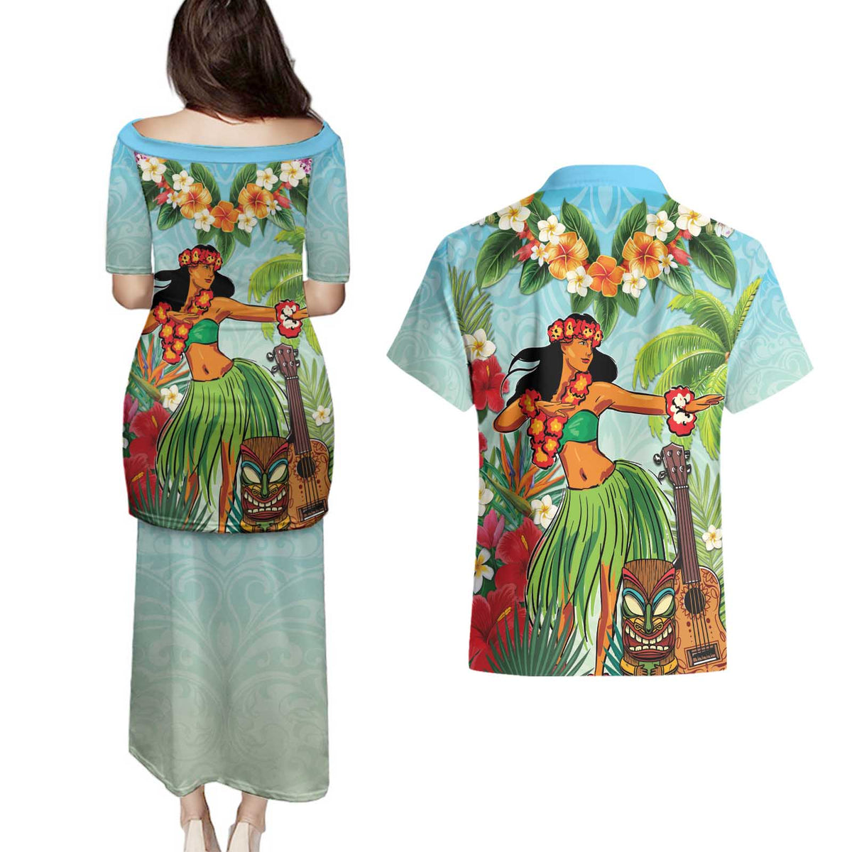 Hawaii Lei Day Couples Matching Puletasi and Hawaiian Shirt Hula Girl With Tropical Forest DT04 - Polynesian Pride