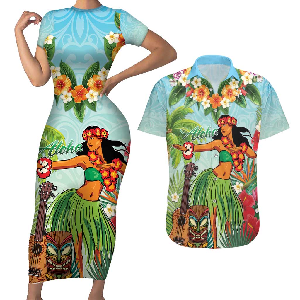 Hawaii Lei Day Couples Matching Short Sleeve Bodycon Dress and Hawaiian Shirt Hula Girl With Tropical Forest DT04 Blue - Polynesian Pride