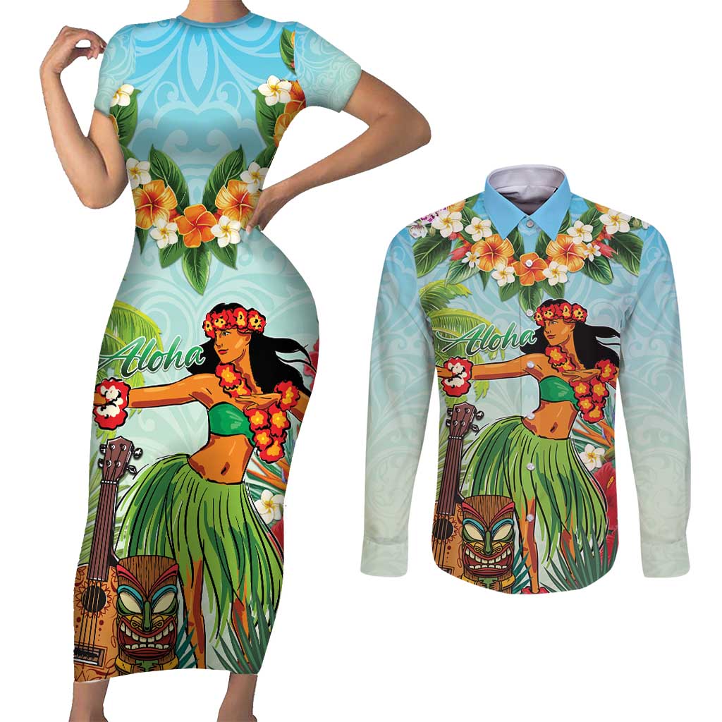 Hawaii Lei Day Couples Matching Short Sleeve Bodycon Dress and Long Sleeve Button Shirt Hula Girl With Tropical Forest